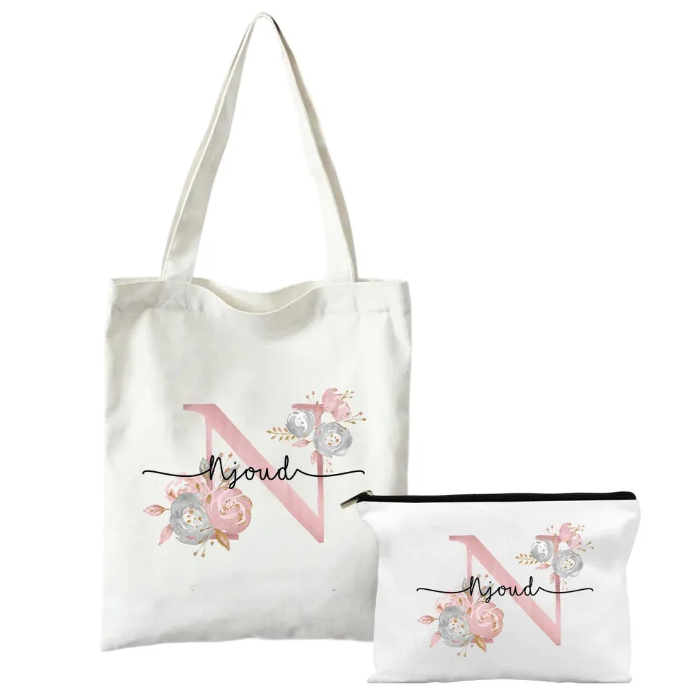 Personalized Shoulder Bag Makeup Bag Set Initial with Name Bridesmaid Bags Bachelorette Party Toiletry Pouch Bridal Shower Gift