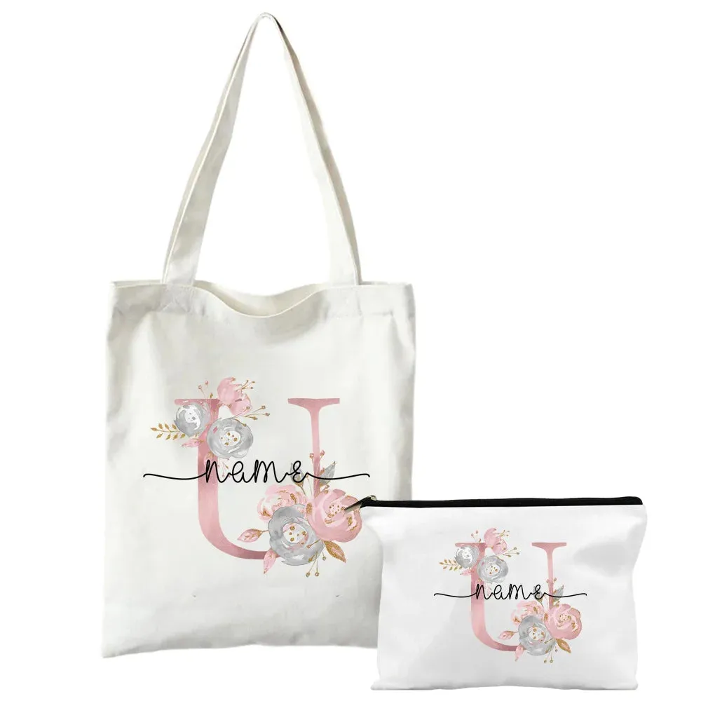 Personalized Shoulder Bag Makeup Bag Set Initial with Name Bridesmaid Bags Bachelorette Party Toiletry Pouch Bridal Shower Gift