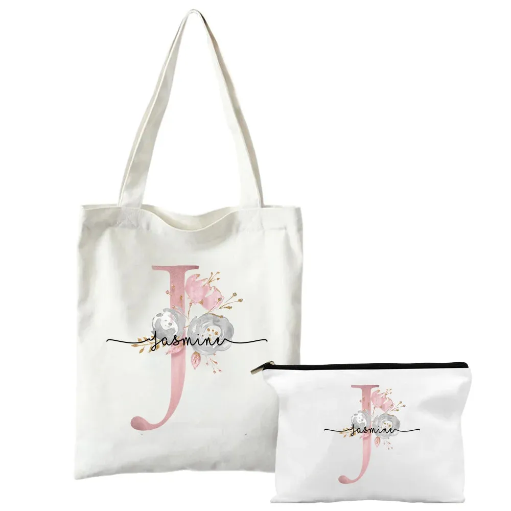 Personalized Shoulder Bag Makeup Bag Set Initial with Name Bridesmaid Bags Bachelorette Party Toiletry Pouch Bridal Shower Gift