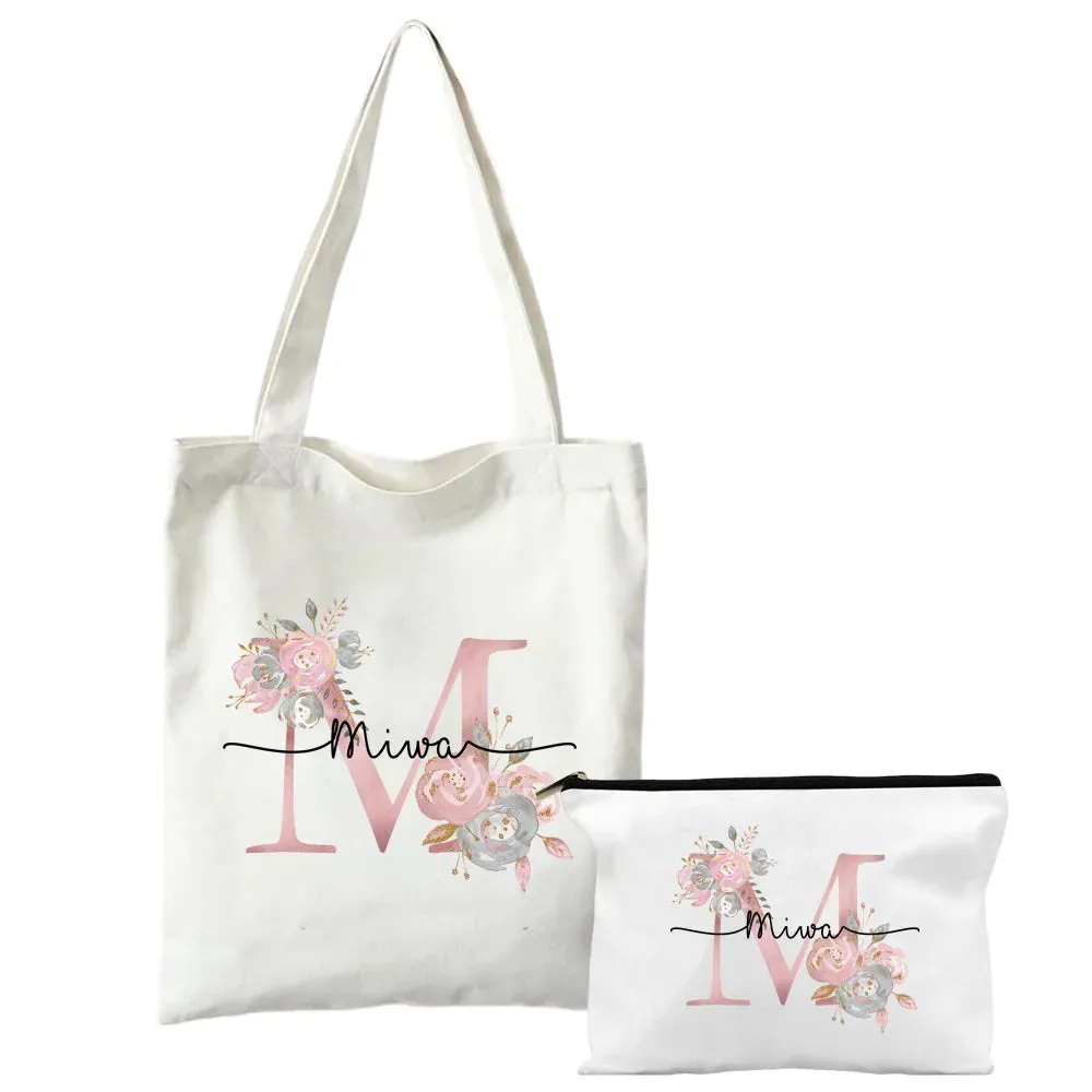 Personalized Shoulder Bag Makeup Bag Set Initial with Name Bridesmaid Bags Bachelorette Party Toiletry Pouch Bridal Shower Gift