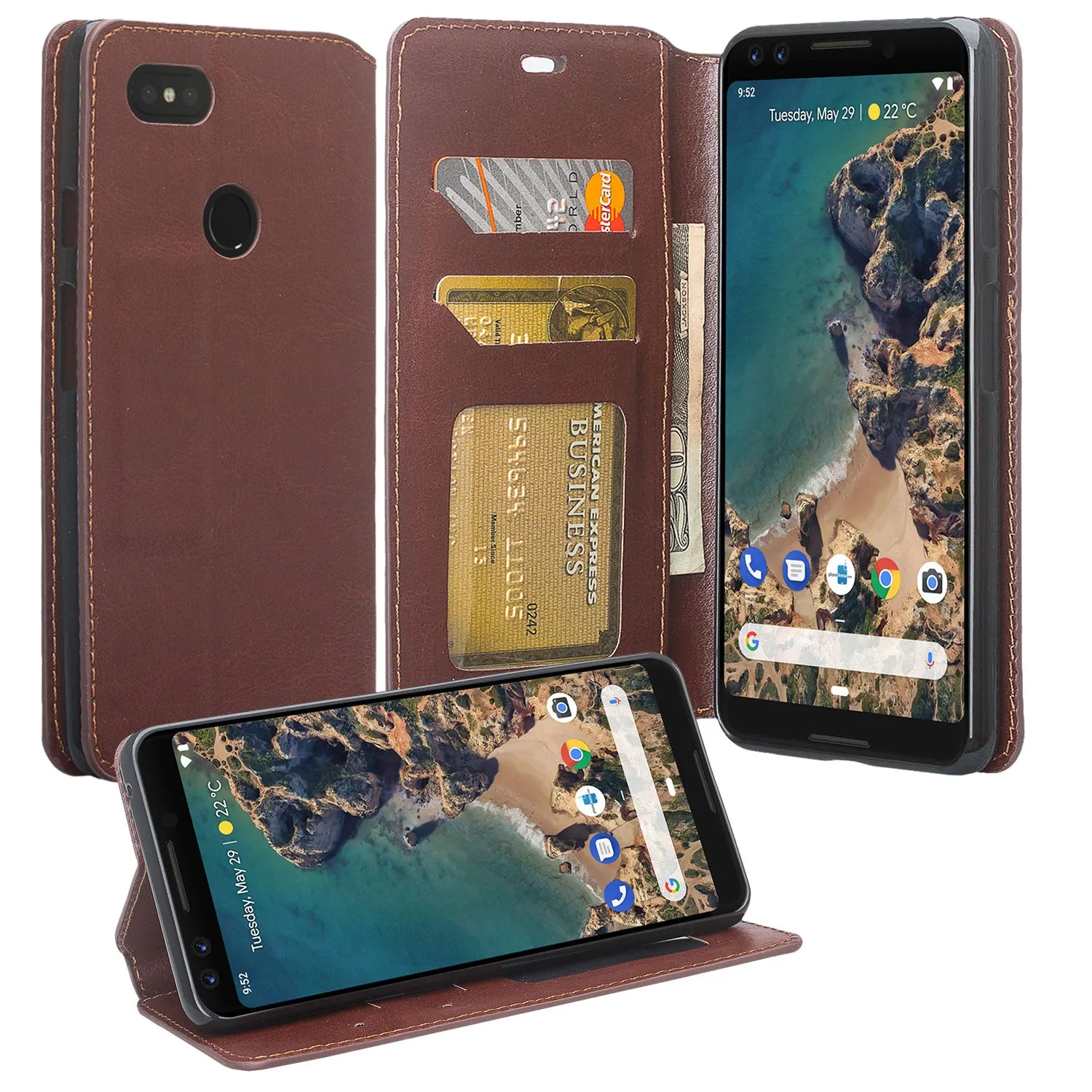 Pixel 3 XL Case, Google Pixel 3 XL, Slim Flip Folio [Kickstand] Pu Leather Wallet Case with ID & Card Slots & Pocket - Brown