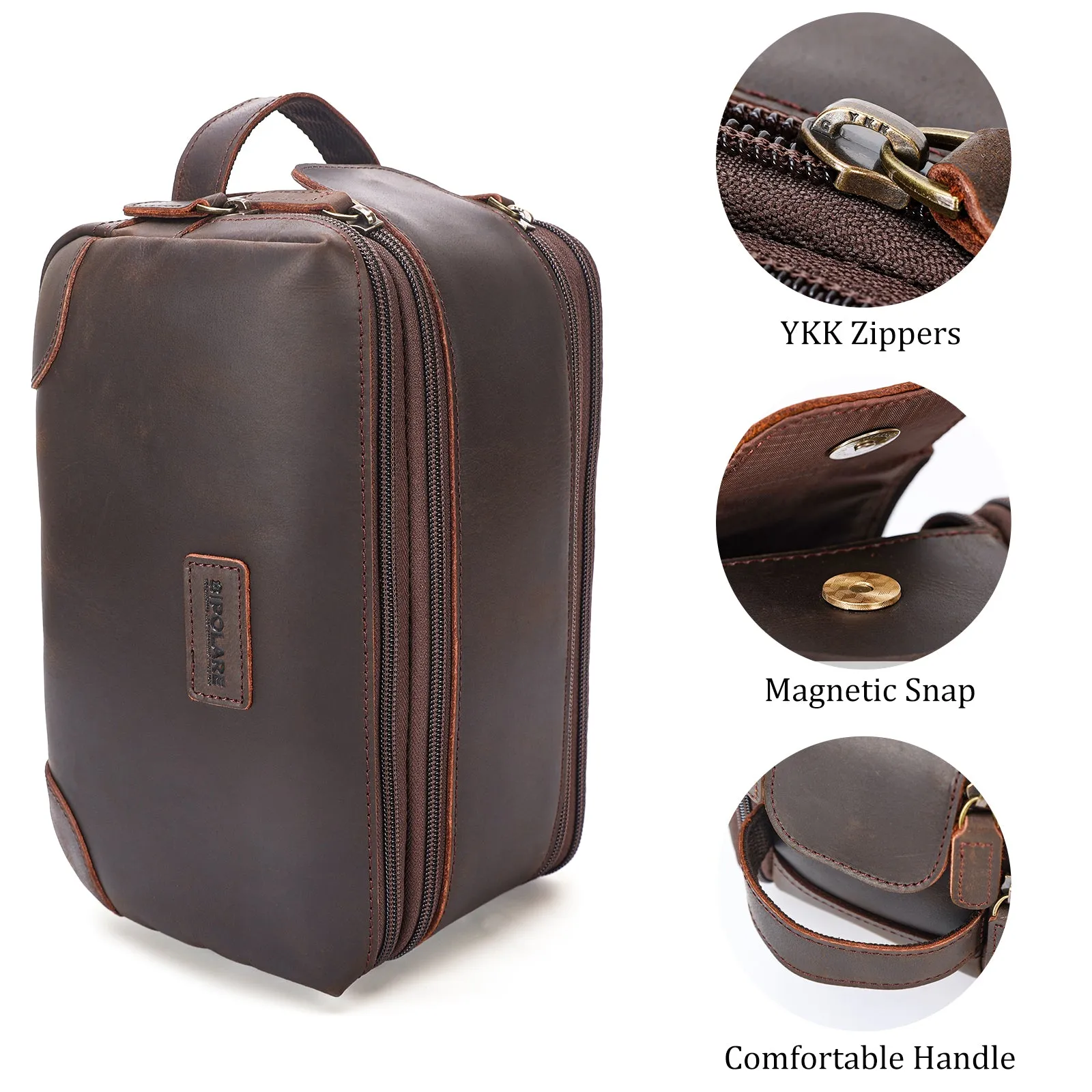 Polare Full Grain Leather Travel Toiletry Bag Dopp Kit Large Cosmetic Travel Case Shaving Kit Wash with YKK Zippers