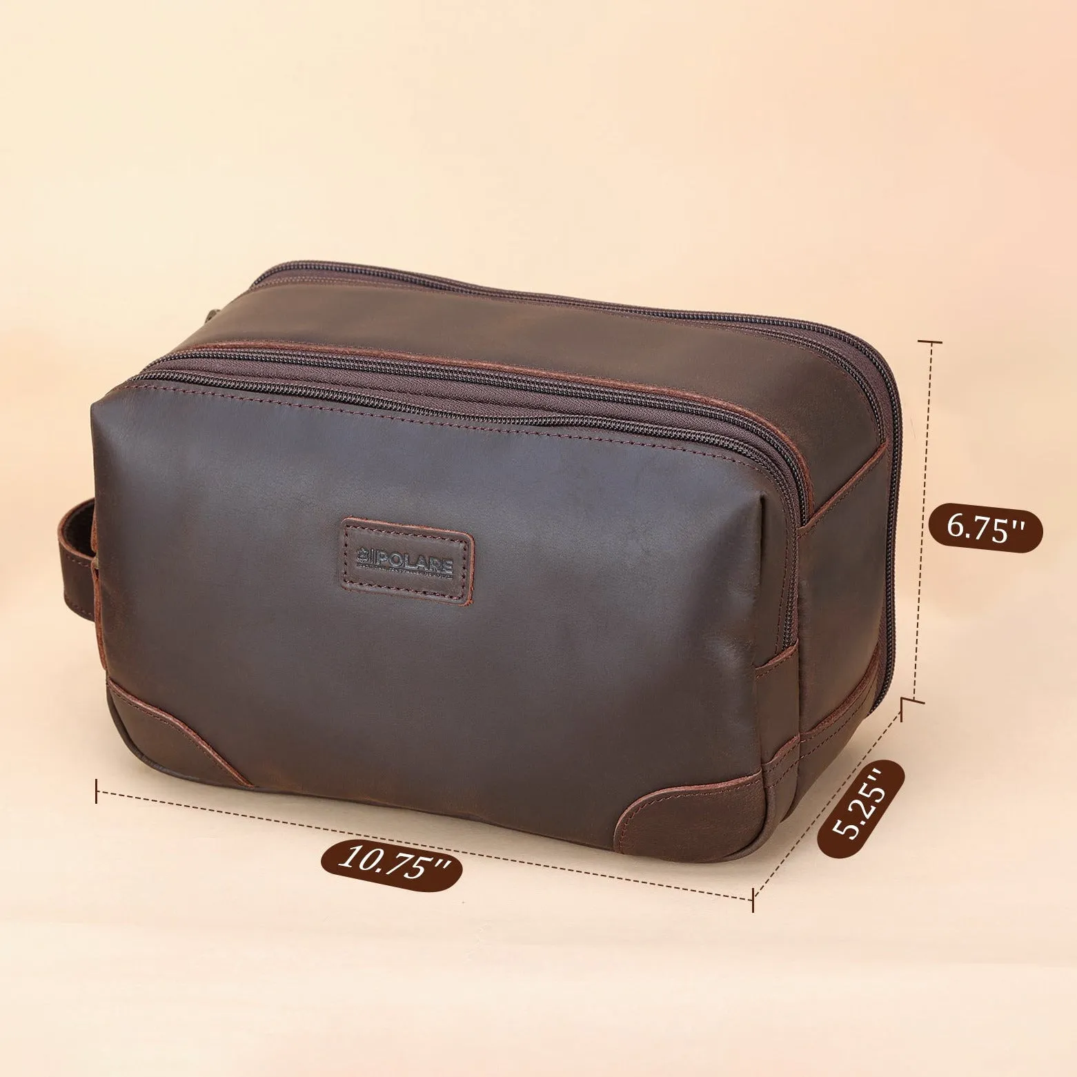 Polare Full Grain Leather Travel Toiletry Bag Dopp Kit Large Cosmetic Travel Case Shaving Kit Wash with YKK Zippers