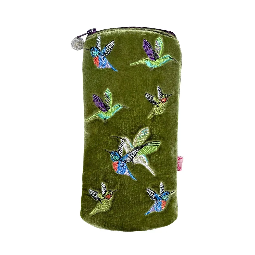 PU242 Olive Hummingbird Velvet Zipped Glasses Purse By Lua