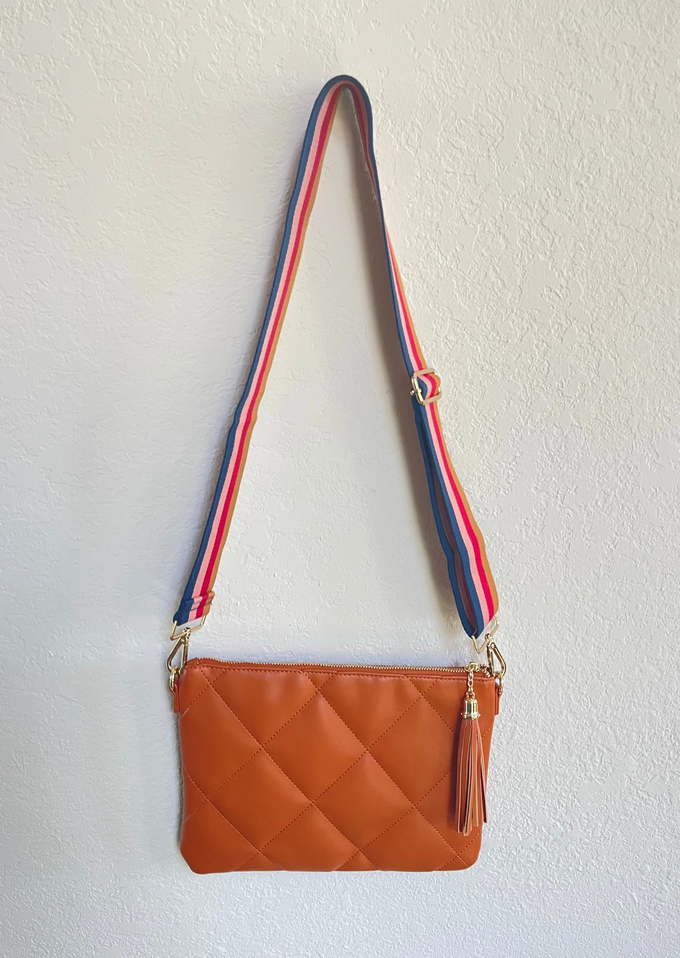 Quilted Crossbody Clutch Bag with Colorful Striped Strap