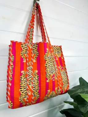 Quilted Tote Bag- Pink & Orange Tiger