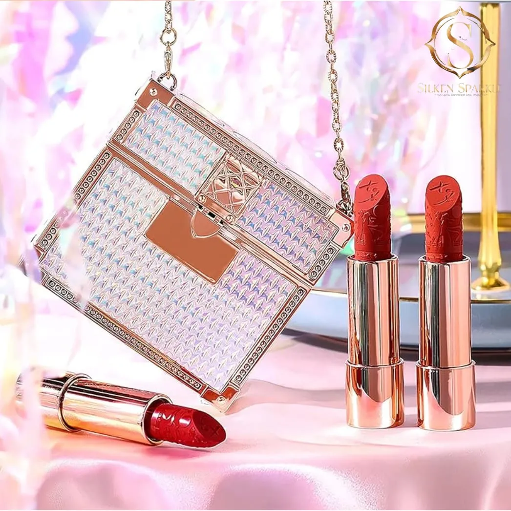 "Matte Red Lipstick Set - 2 Colors with Sparkling Chain Bag Gift Box | Long-Lasting & Waterproof"