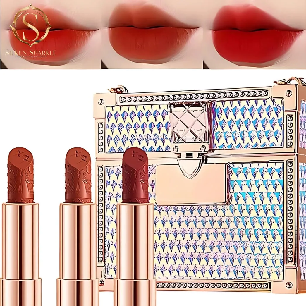 "Matte Red Lipstick Set - 2 Colors with Sparkling Chain Bag Gift Box | Long-Lasting & Waterproof"