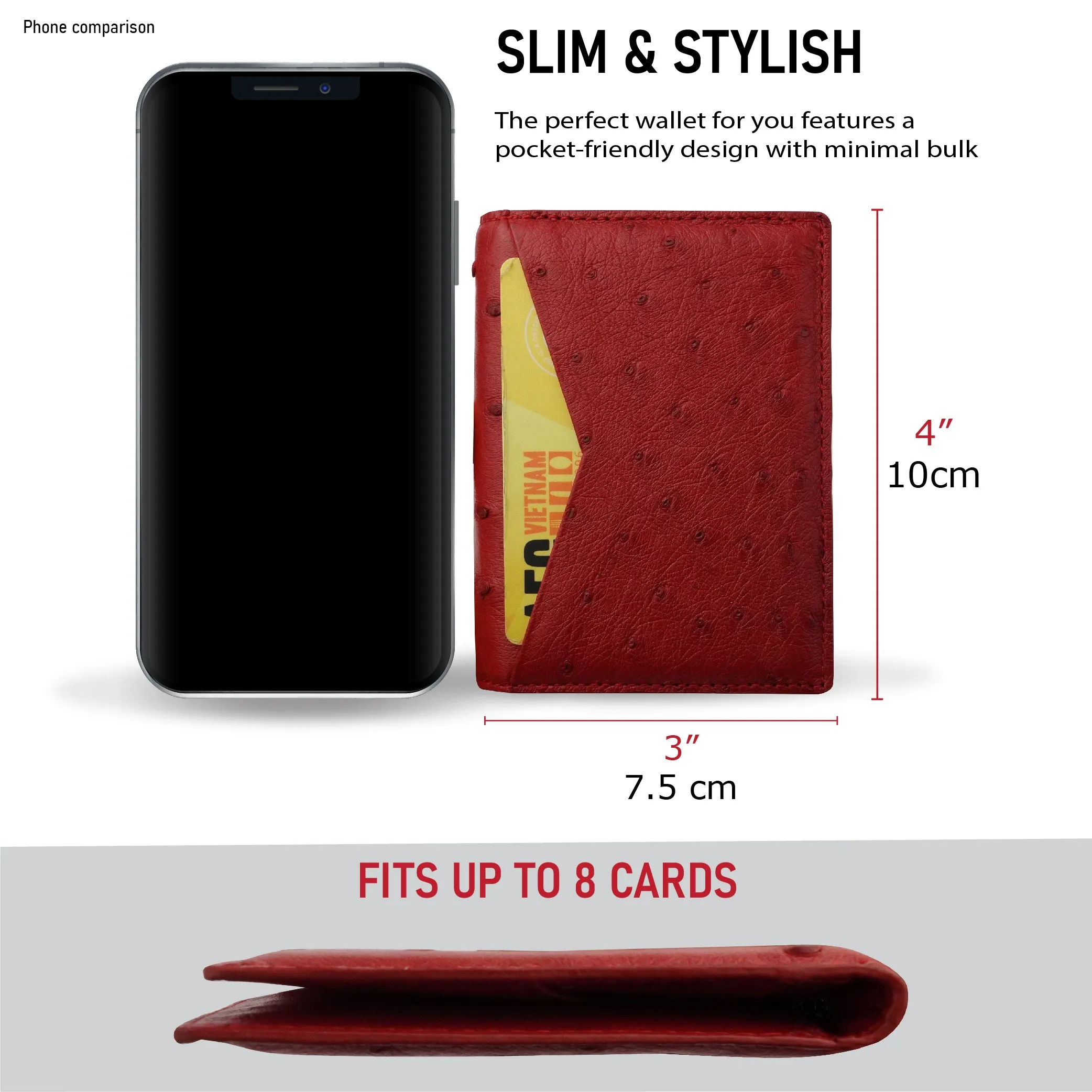 Red Double Side Ostrich Leather Credit Card Holder | RFID Blocking | CARDOS-07