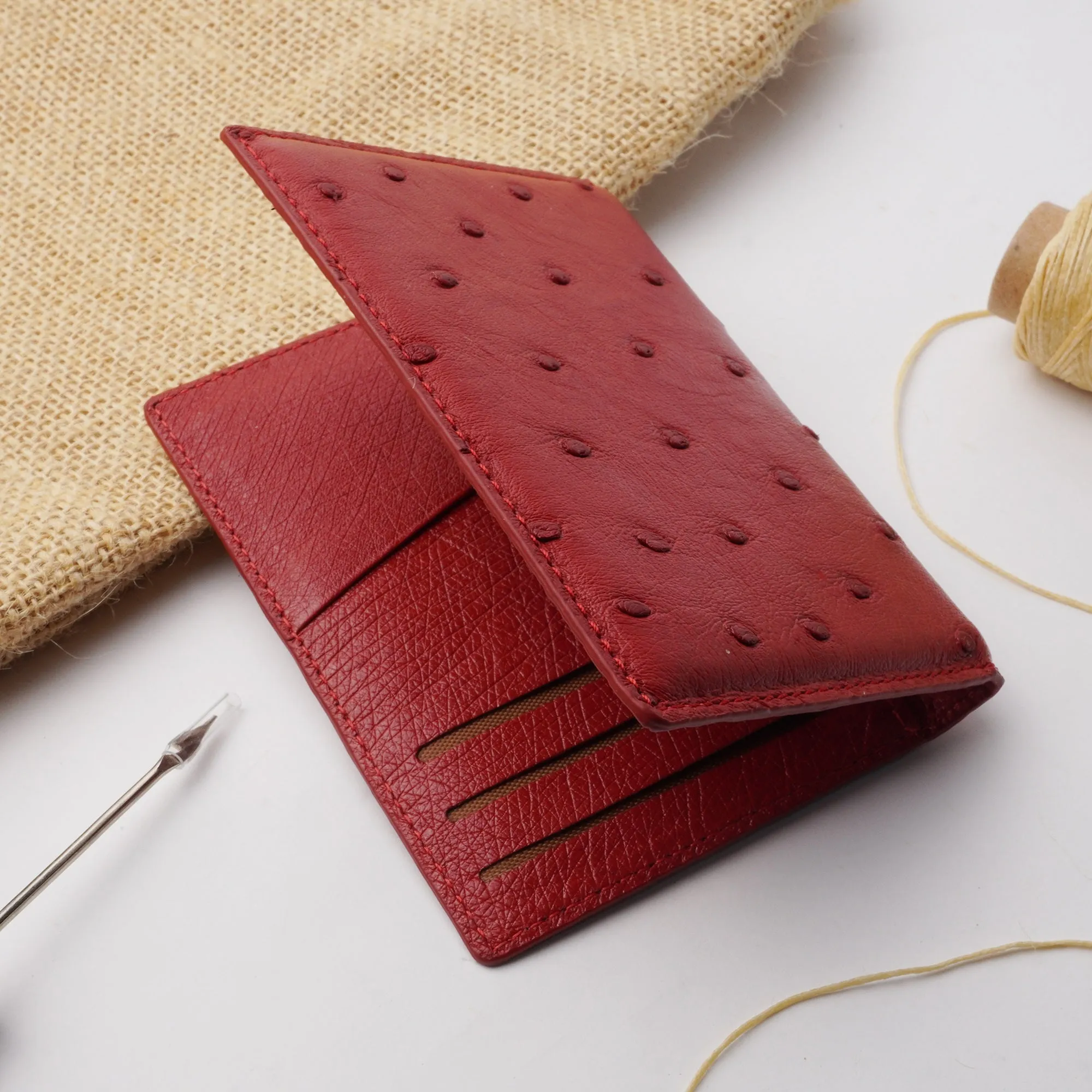 Red Double Side Ostrich Leather Credit Card Holder | RFID Blocking | CARDOS-07