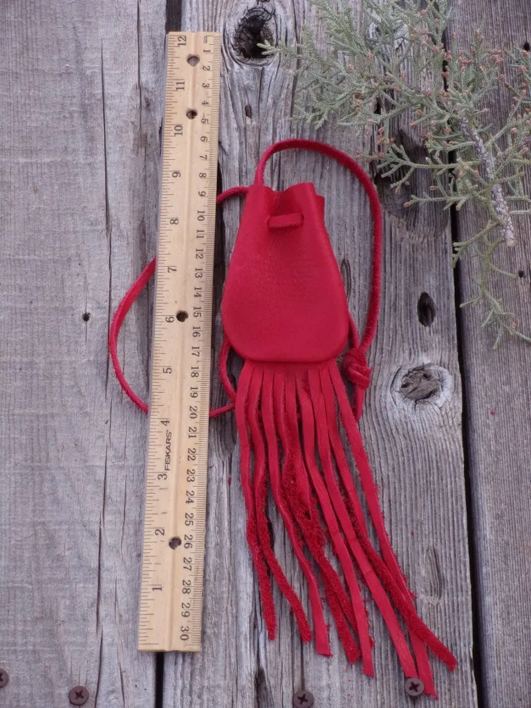 Red leather crystal bag ,  Fringed leather medicine bag , Leather neck pouch