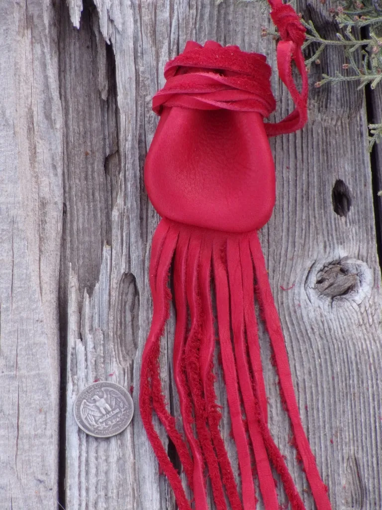 Red leather crystal bag ,  Fringed leather medicine bag , Leather neck pouch