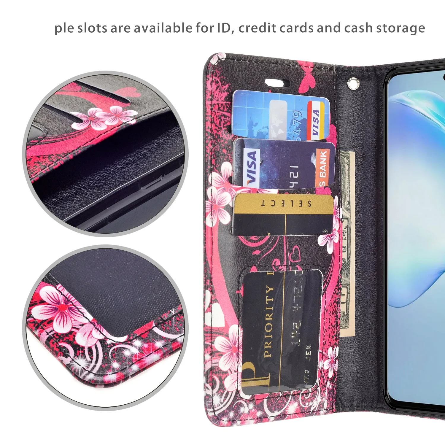 Samsung Galaxy S20 Ultra Case, Galaxy S20 Ultra Wallet Case, Wrist Strap Pu Leather Wallet Case [Kickstand] with ID & Credit Card Slots - Heart Butterflies