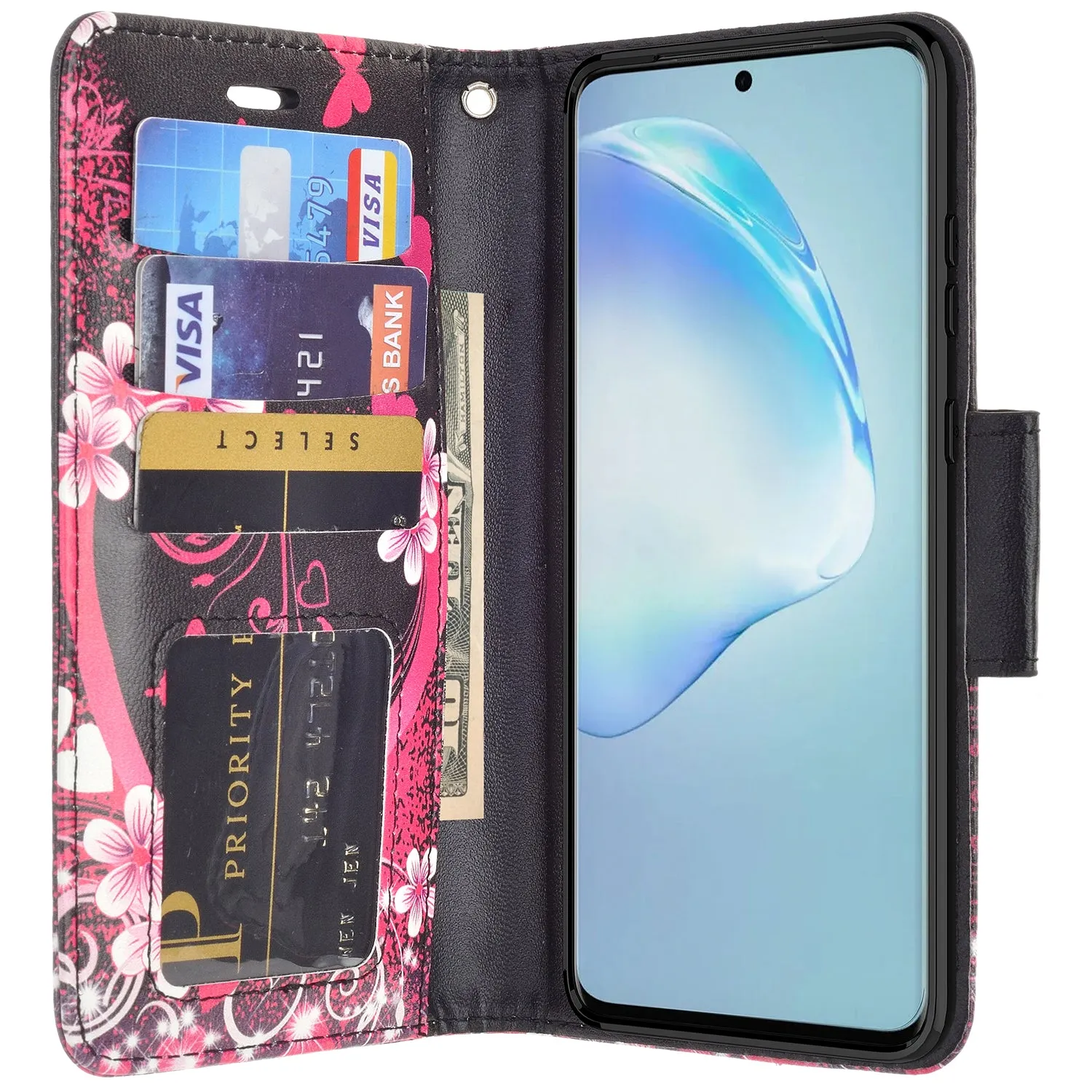 Samsung Galaxy S20 Ultra Case, Galaxy S20 Ultra Wallet Case, Wrist Strap Pu Leather Wallet Case [Kickstand] with ID & Credit Card Slots - Heart Butterflies