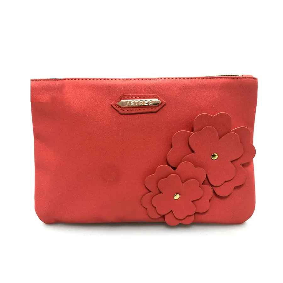 Sanjo Flower Embellished Coral Cosmetic Bag