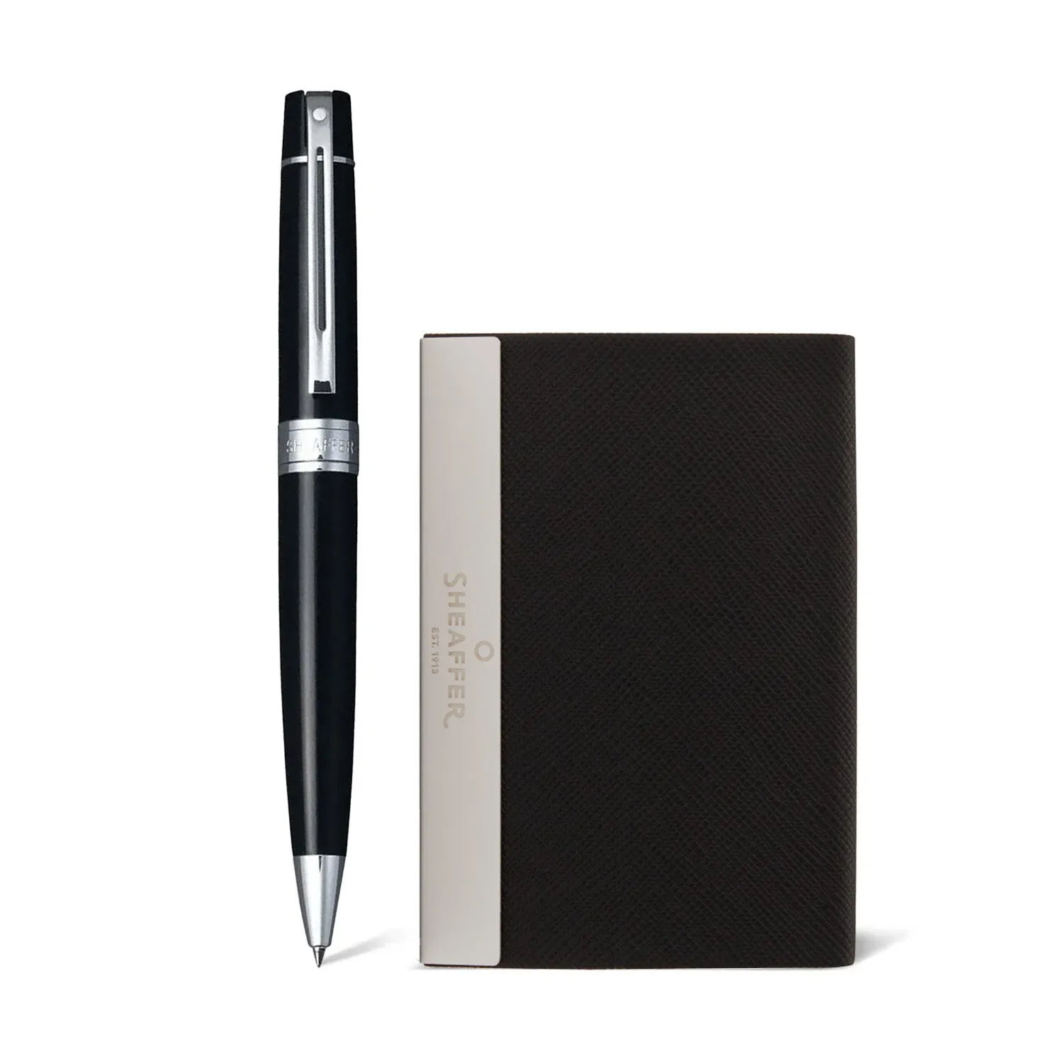 Sheaffer Gift Set ft. Glossy Black 300 Ballpoint Pen with Chrome Trims and Business Card Holder