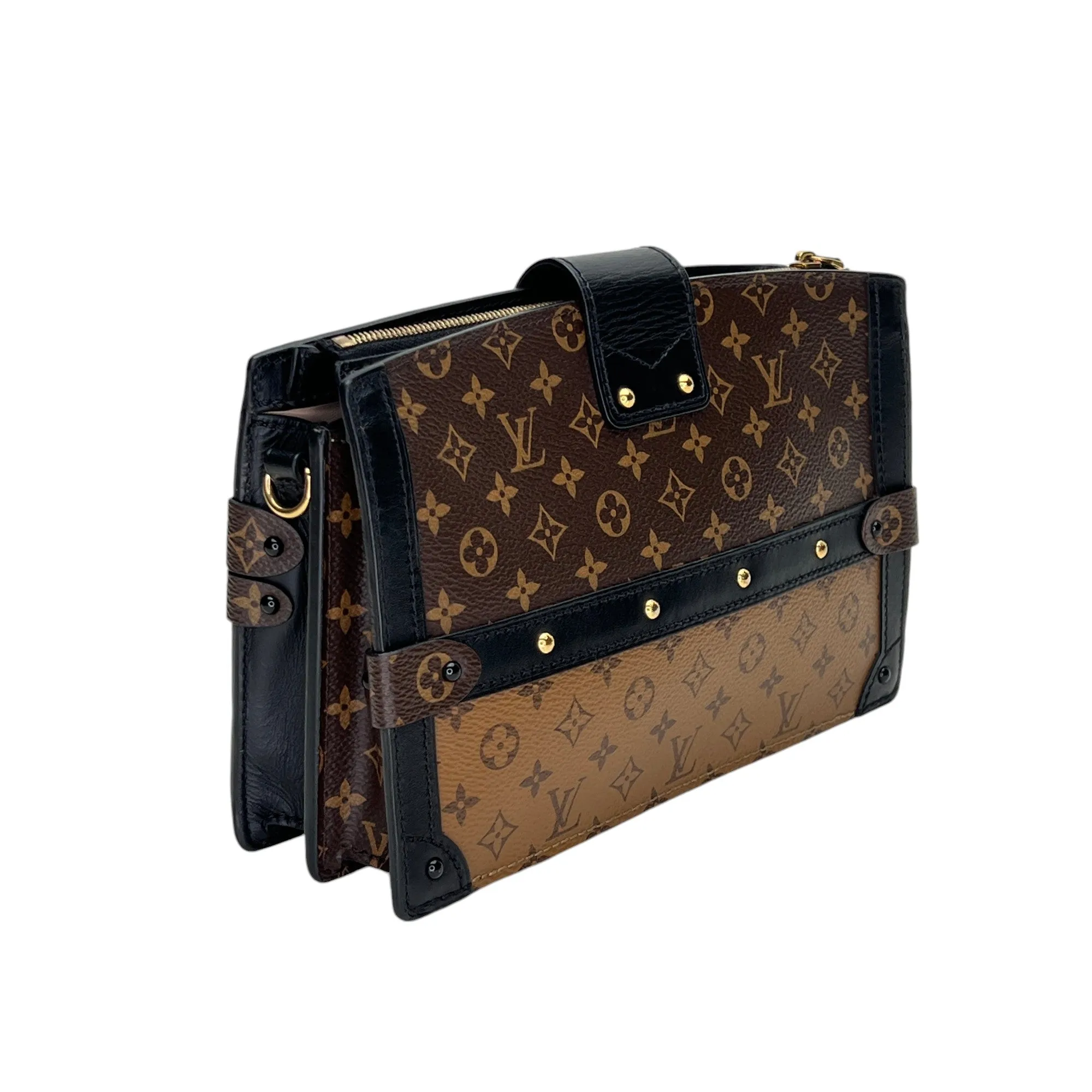 Soft Trunk Brown Crossbody Bag in Monogram Coated Canvas, Gold hardware