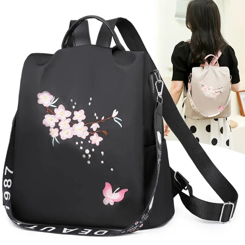 Sohiwoo Cloth School Large Fashion Backpacks Flower Embroidery Bag Anti-theft Casual New Backpack Girl Capacity Women Lightweight Oxford