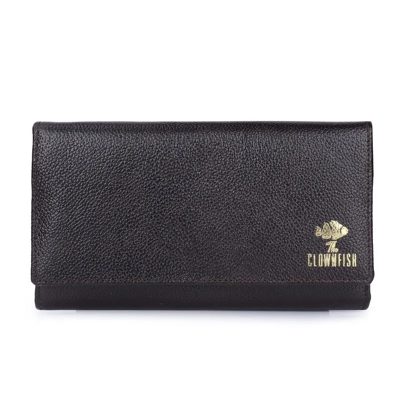 THE CLOWNFISH Elsa Collection Genuine Leather Tri-Fold Womens Wallet Clutch Ladies Purse with Multiple Card Slots & ID Card Windows (Dark Brown)