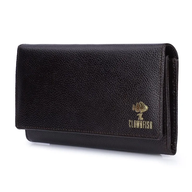 THE CLOWNFISH Elsa Collection Genuine Leather Tri-Fold Womens Wallet Clutch Ladies Purse with Multiple Card Slots & ID Card Windows (Dark Brown)