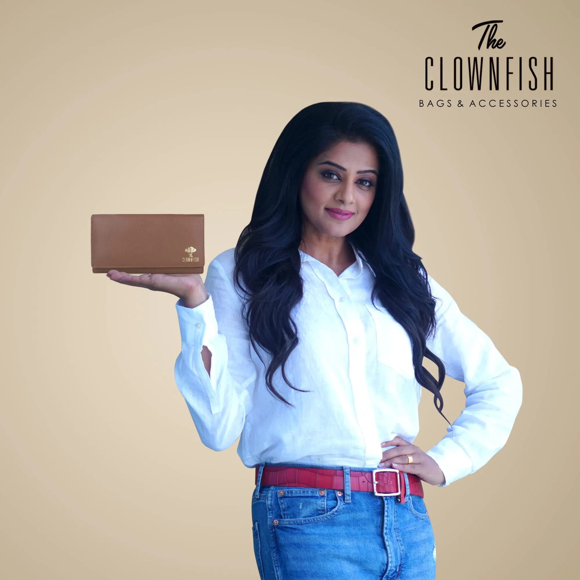 THE CLOWNFISH Elsa Collection Genuine Leather Tri-Fold Womens Wallet Clutch Ladies Purse with Multiple Card Slots & ID Card Windows (Tan)