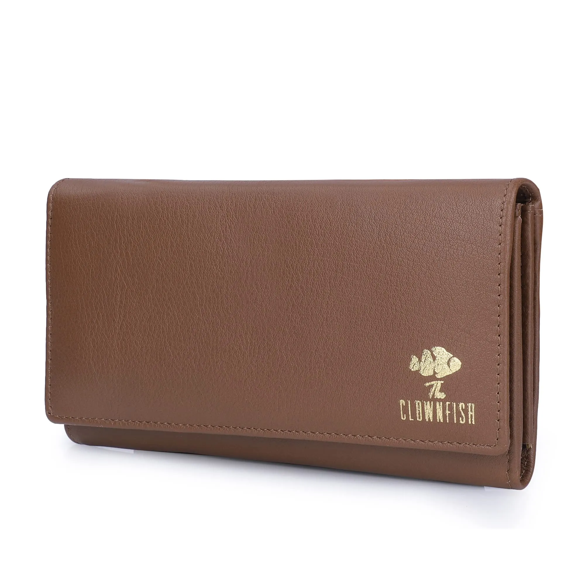 THE CLOWNFISH Elsa Collection Genuine Leather Tri-Fold Womens Wallet Clutch Ladies Purse with Multiple Card Slots & ID Card Windows (Tan)