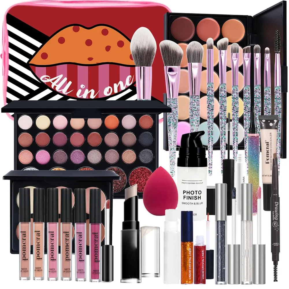 Ultimate Makeup Bundle: 40-Color Eyeshadow Palette, Lip Gloss, Liquid Lipstick & Brushes Set