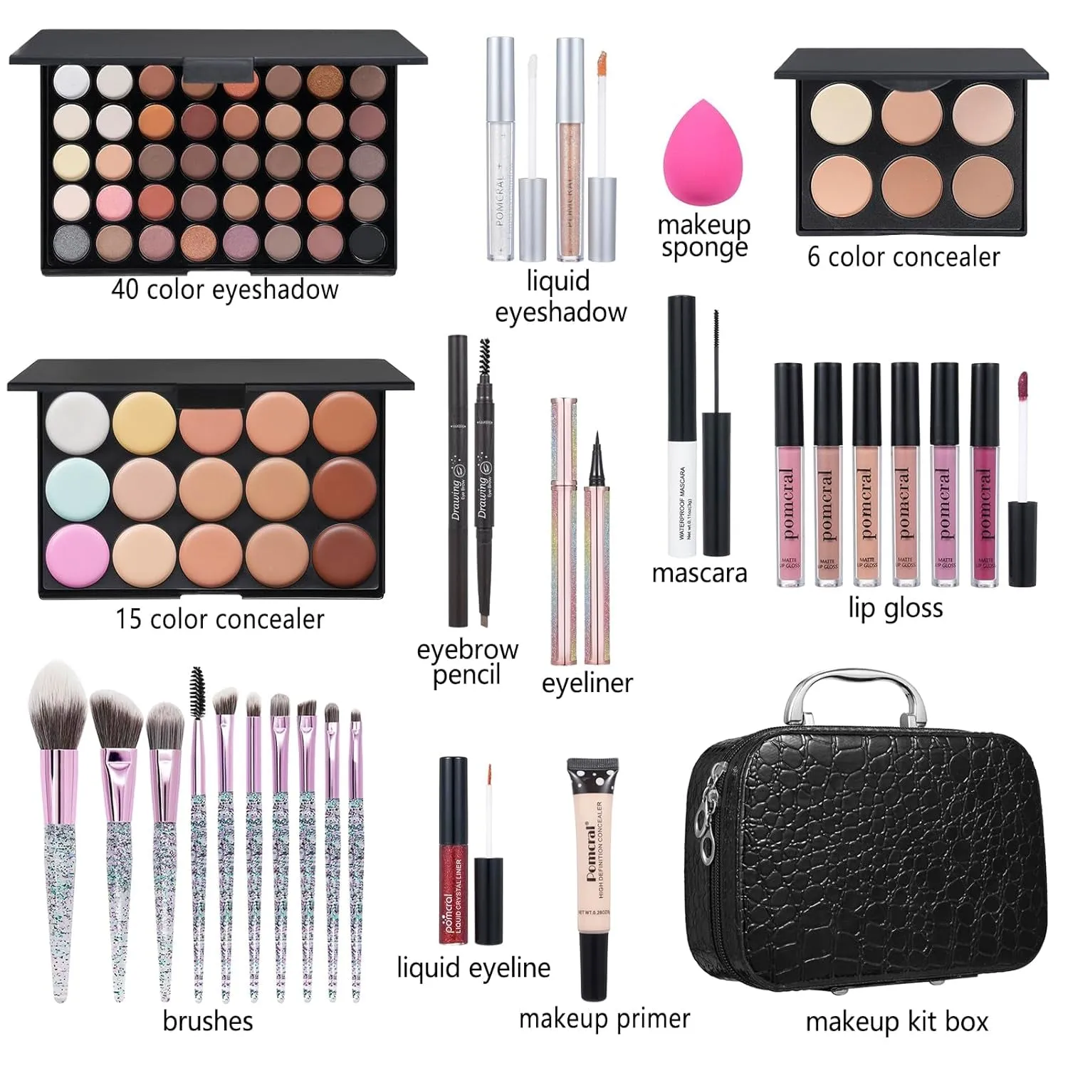 Ultimate Makeup Bundle: 40-Color Eyeshadow Palette, Lip Gloss, Liquid Lipstick & Brushes Set