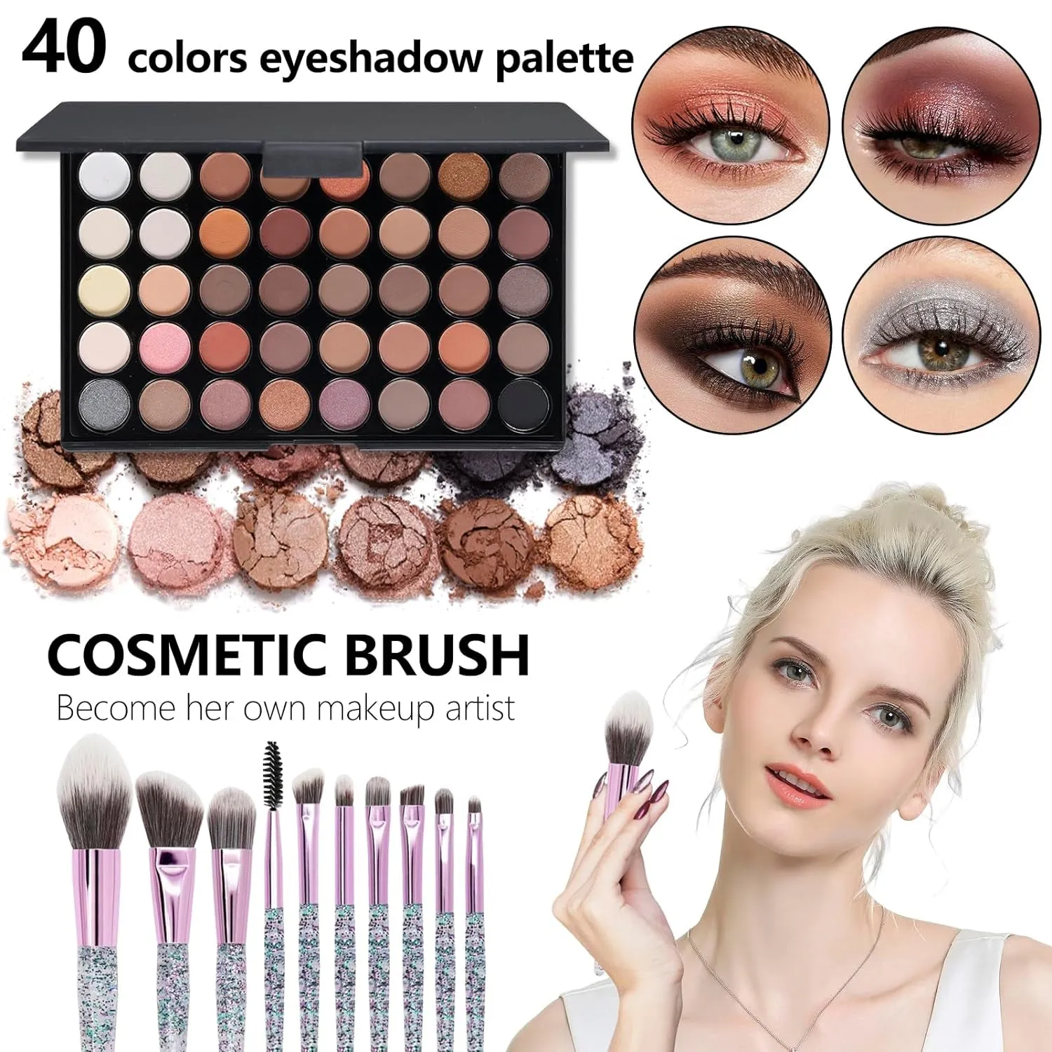 Ultimate Makeup Bundle: 40-Color Eyeshadow Palette, Lip Gloss, Liquid Lipstick & Brushes Set