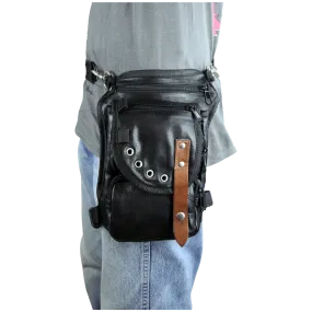 VA566 Black Carry Leather Thigh Bag with Waist Belt and concealed Gun Pocket