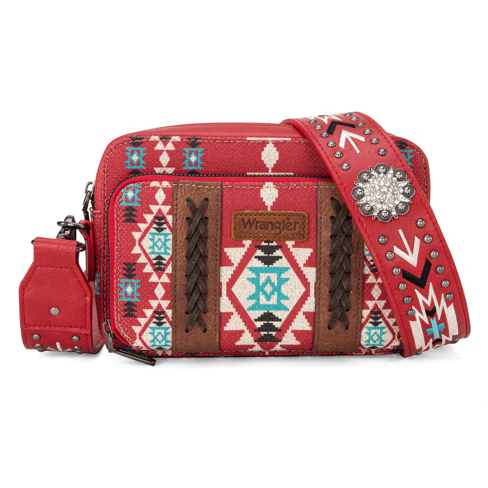 WG2207-3003  Wrangler Aztec Printed Crossbody Purse With Wallet Compartment - Red