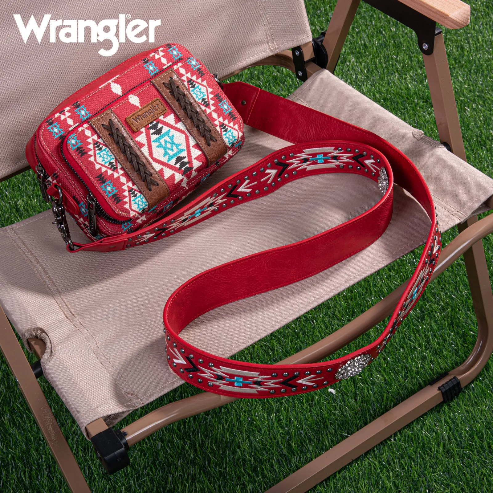 WG2207-3003  Wrangler Aztec Printed Crossbody Purse With Wallet Compartment - Red