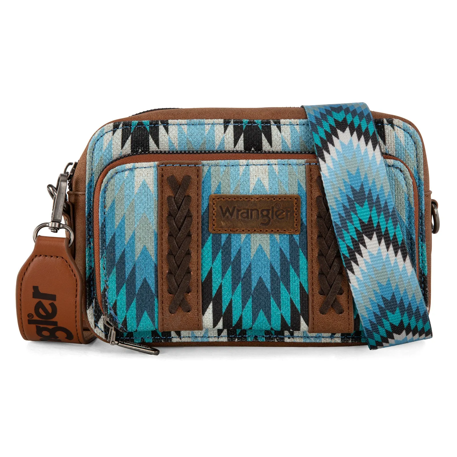 WG2211-3003  Wrangler Southwestern Pattern Dual Sided Print Crossbody Purse With Wallet Compartment -Jean