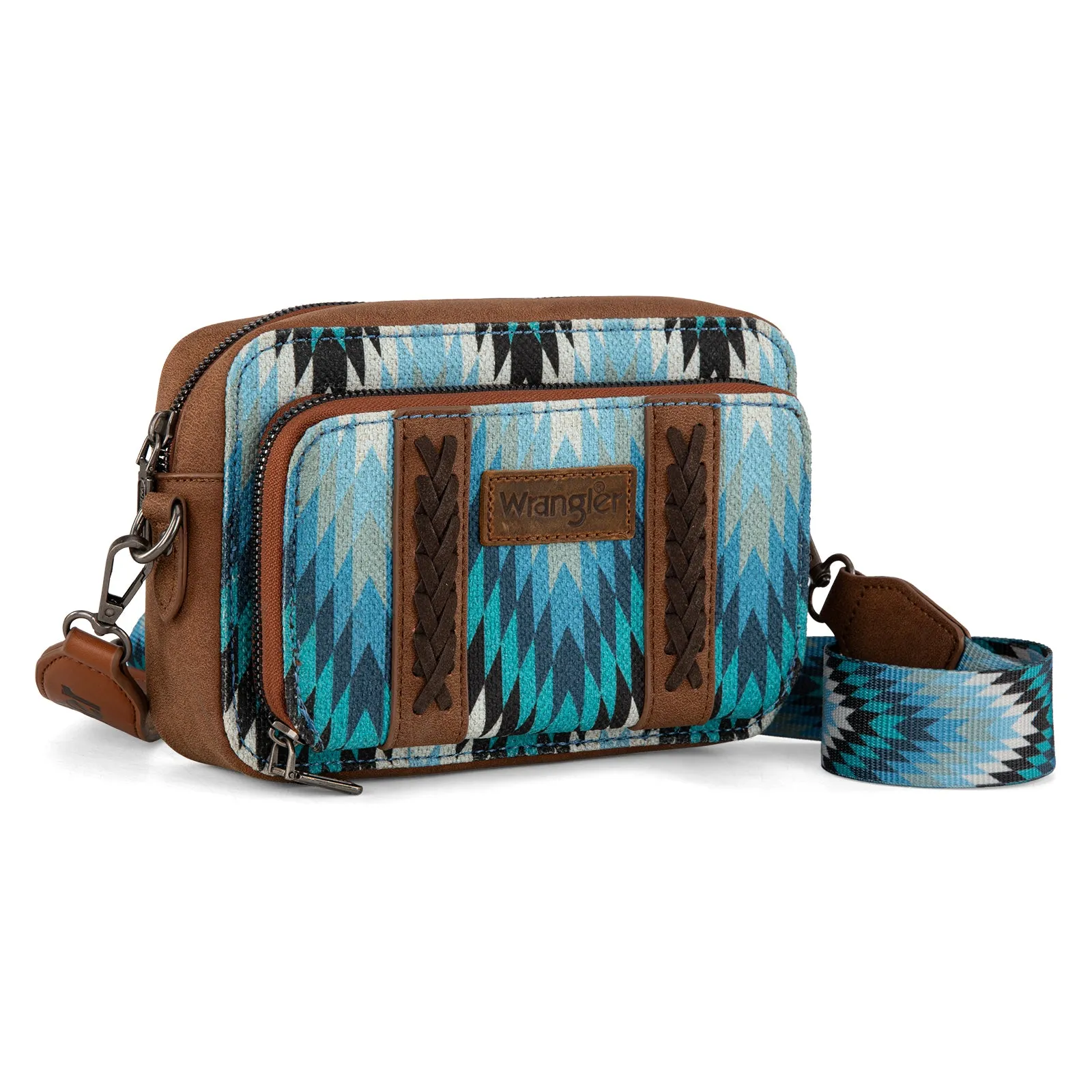 WG2211-3003  Wrangler Southwestern Pattern Dual Sided Print Crossbody Purse With Wallet Compartment -Jean