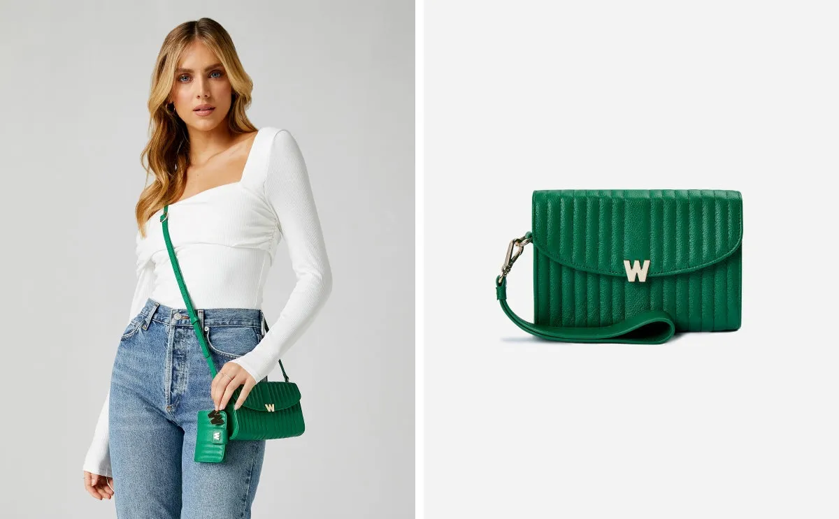 WOF Mimi Collection Leather Green Crossbody Bag with Wristlet and Lanyard