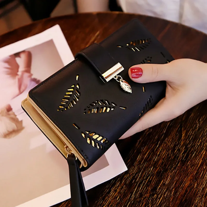 Women Gold Hollow Leaves PU Leather Wallet