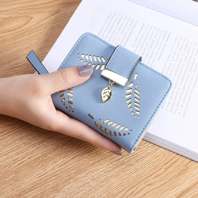 Women Gold Hollow Leaves PU Leather Wallet