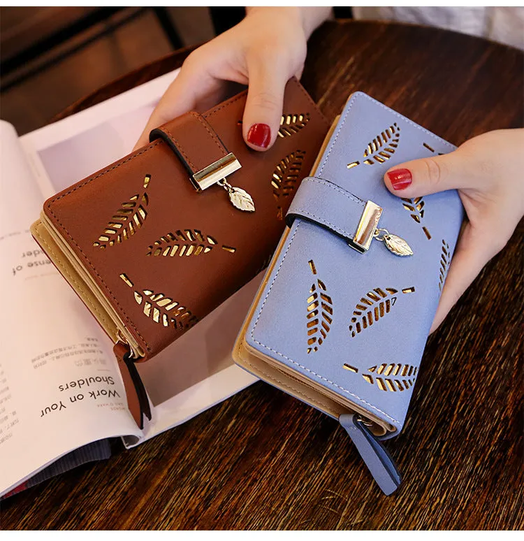 Women Gold Hollow Leaves PU Leather Wallet