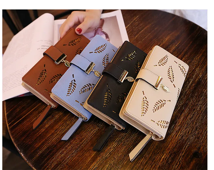 Women Gold Hollow Leaves PU Leather Wallet