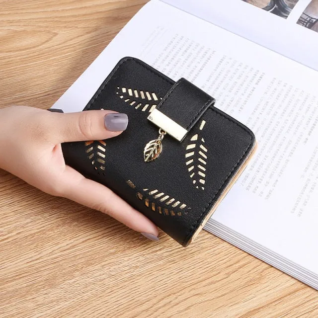 Women Gold Hollow Leaves PU Leather Wallet