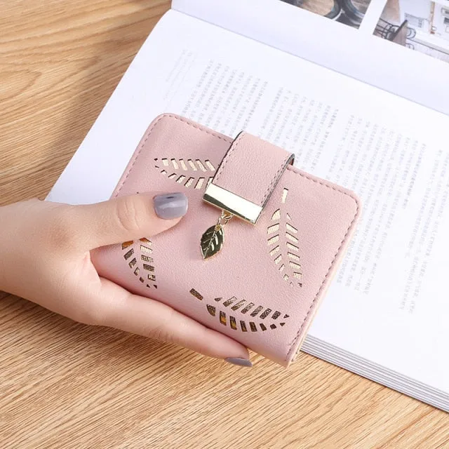 Women Gold Hollow Leaves PU Leather Wallet