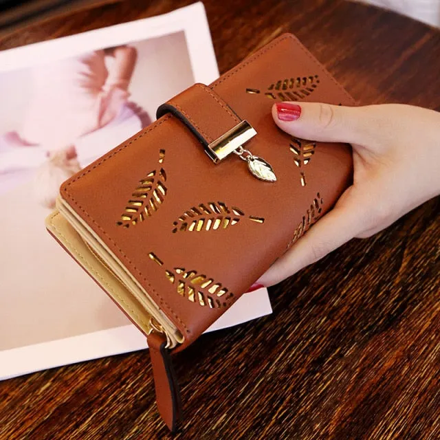 Women Gold Hollow Leaves PU Leather Wallet