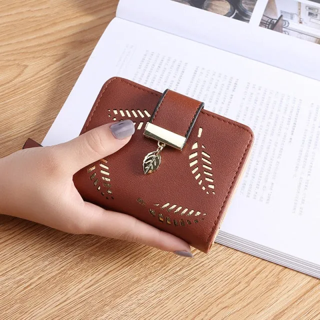 Women Gold Hollow Leaves PU Leather Wallet