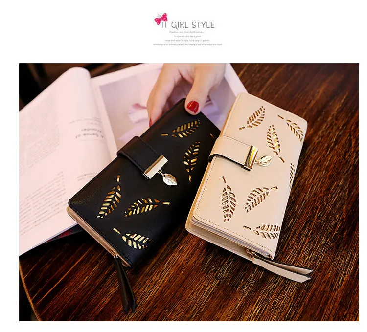 Women Gold Hollow Leaves PU Leather Wallet