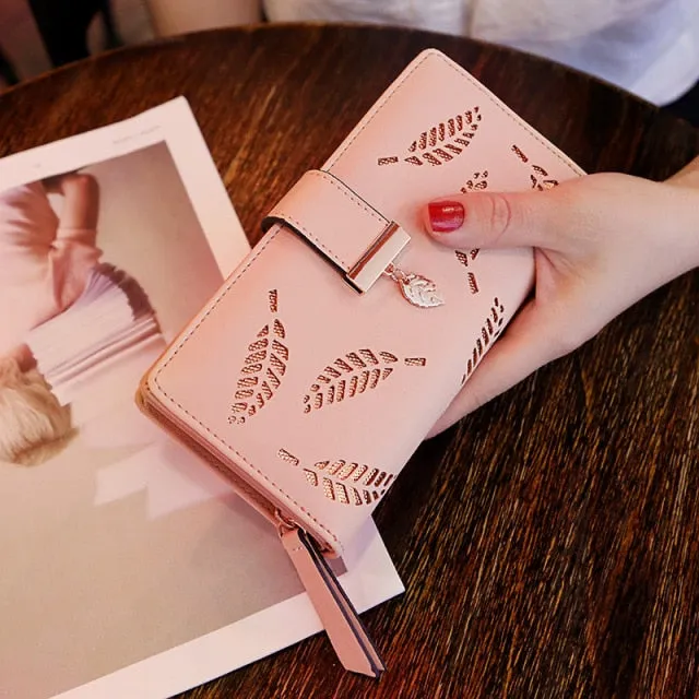 Women Gold Hollow Leaves PU Leather Wallet