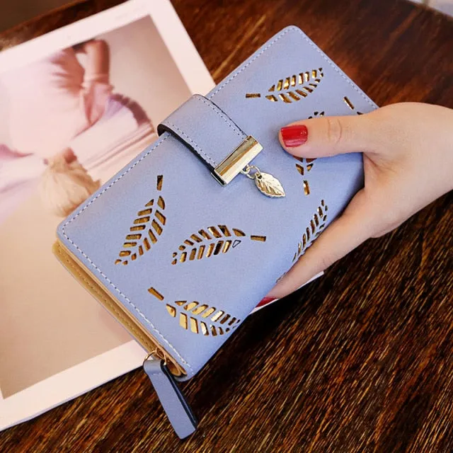 Women Gold Hollow Leaves PU Leather Wallet