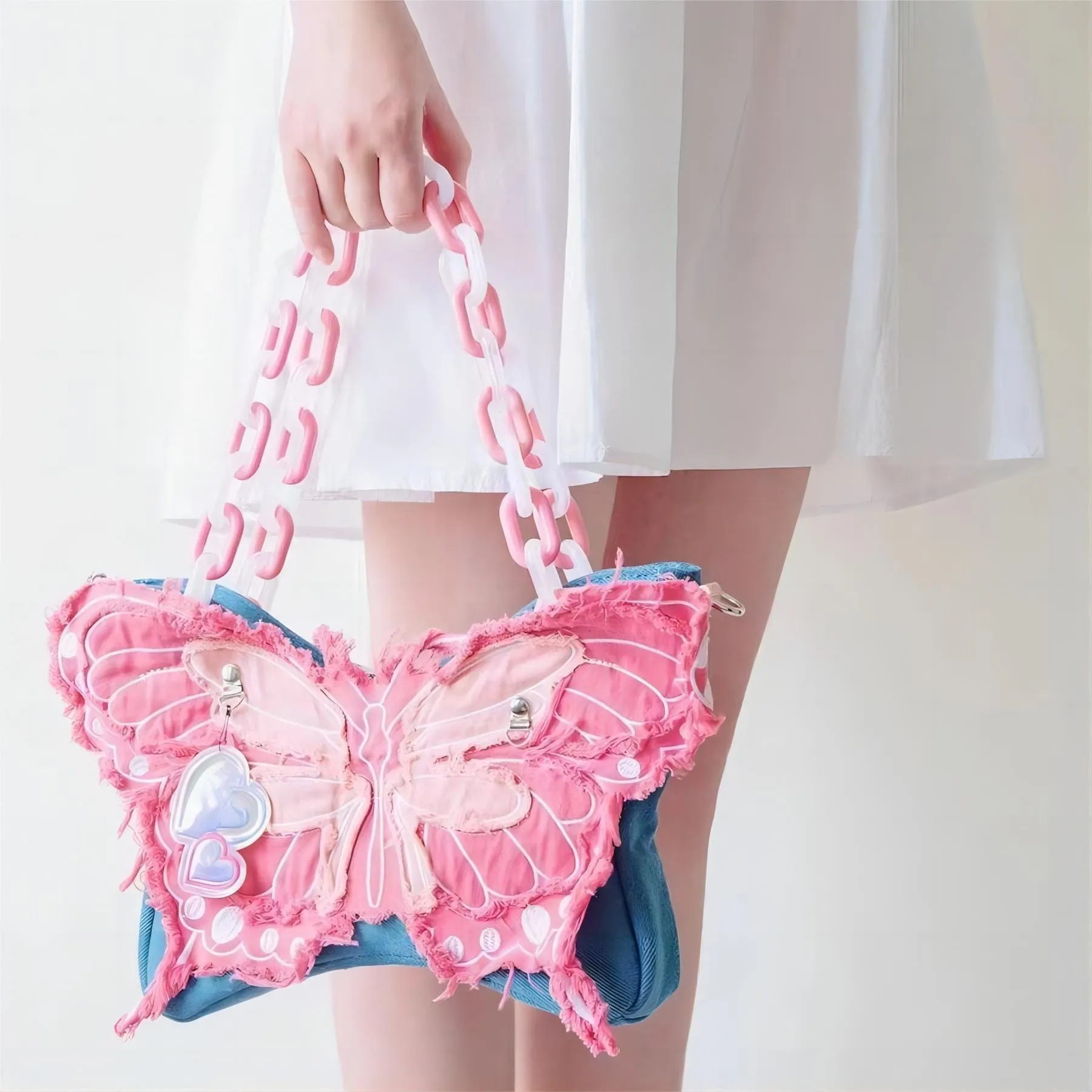 Y2K Pink Denim Butterfly Crossbody Bag