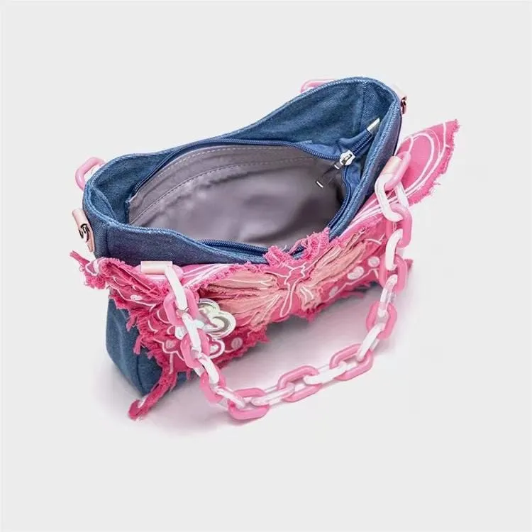 Y2K Pink Denim Butterfly Crossbody Bag