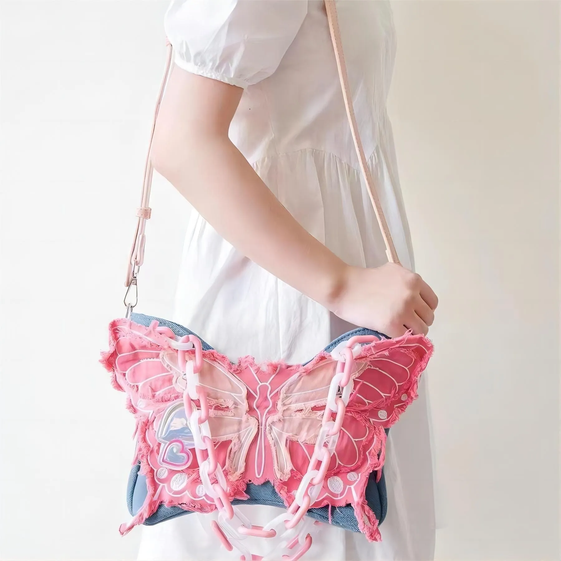 Y2K Pink Denim Butterfly Crossbody Bag