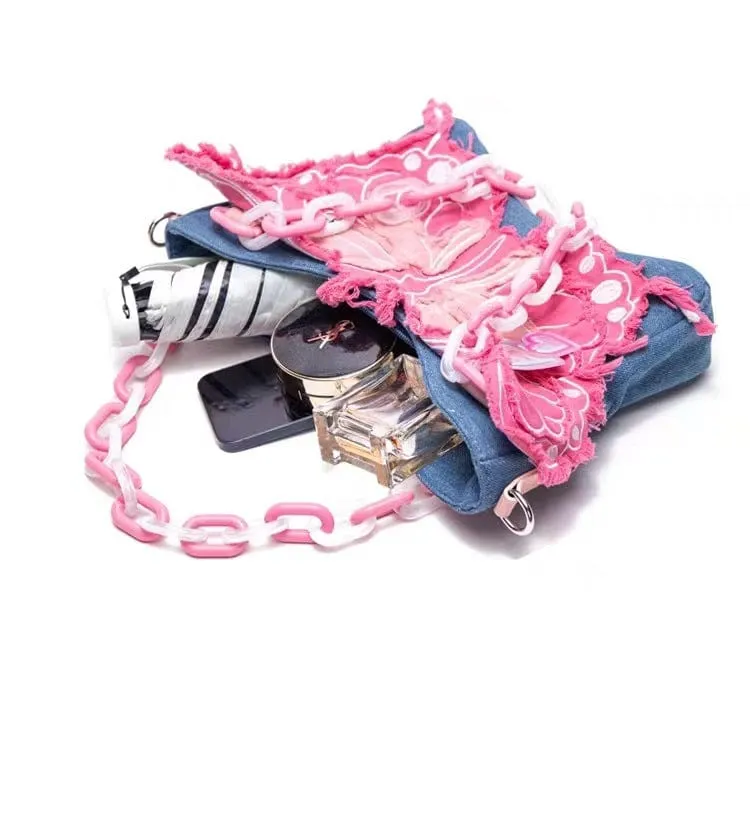 Y2K Pink Denim Butterfly Crossbody Bag